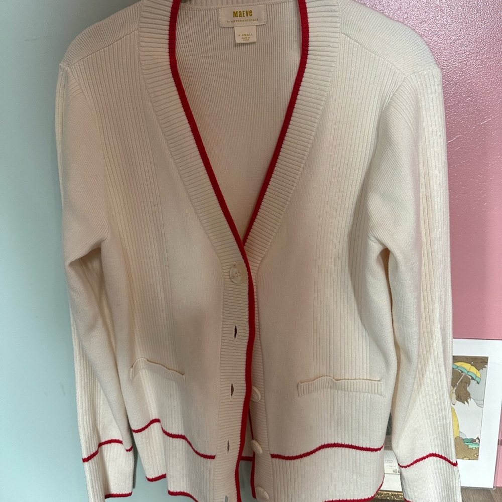 Anthropologie Maeve Cream Cardigan Sweater with Red Accents